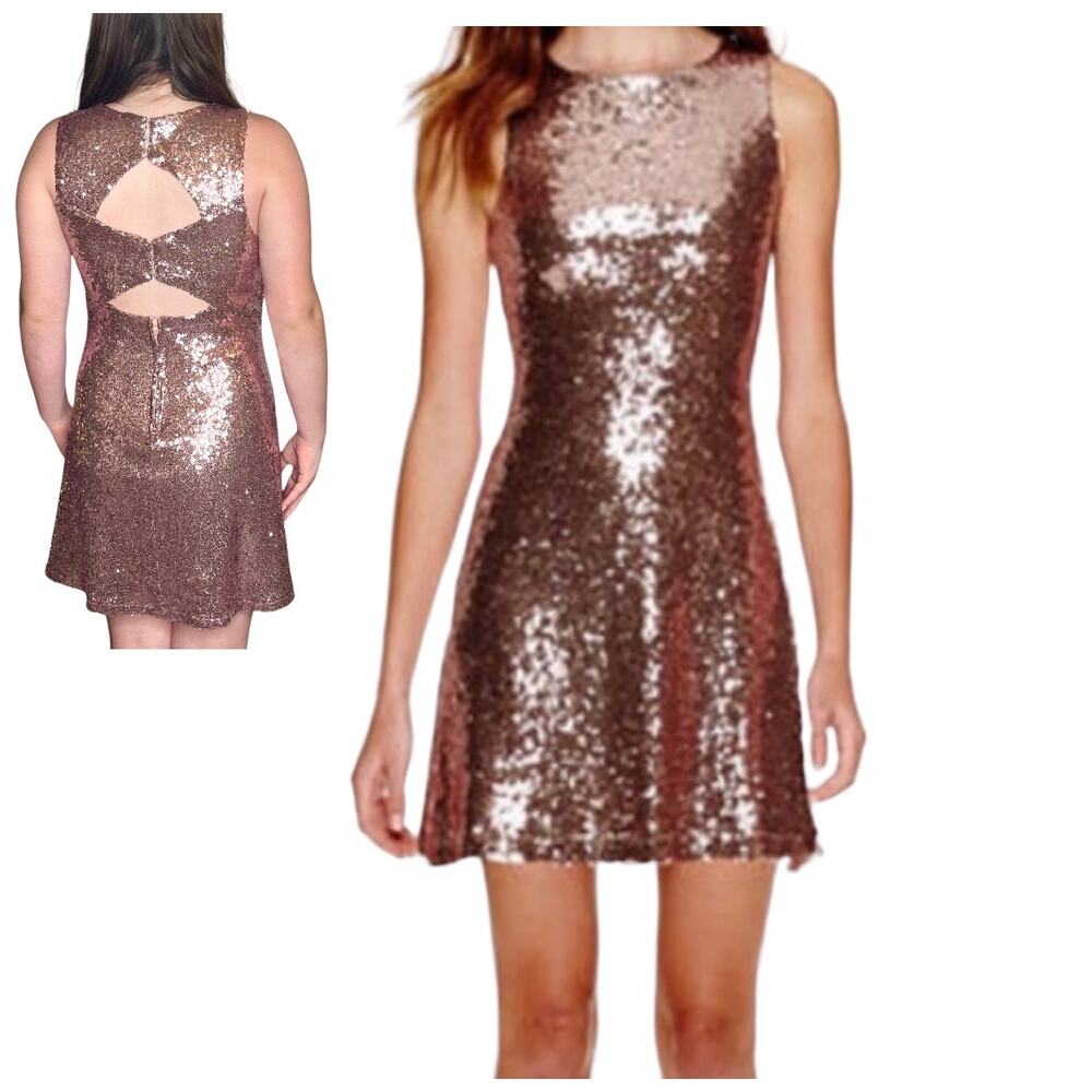 Speechless Rose Gold SEQUIN DRESS Size 7 Peek A Boo Zip Fit Flare Slip Mob Wife